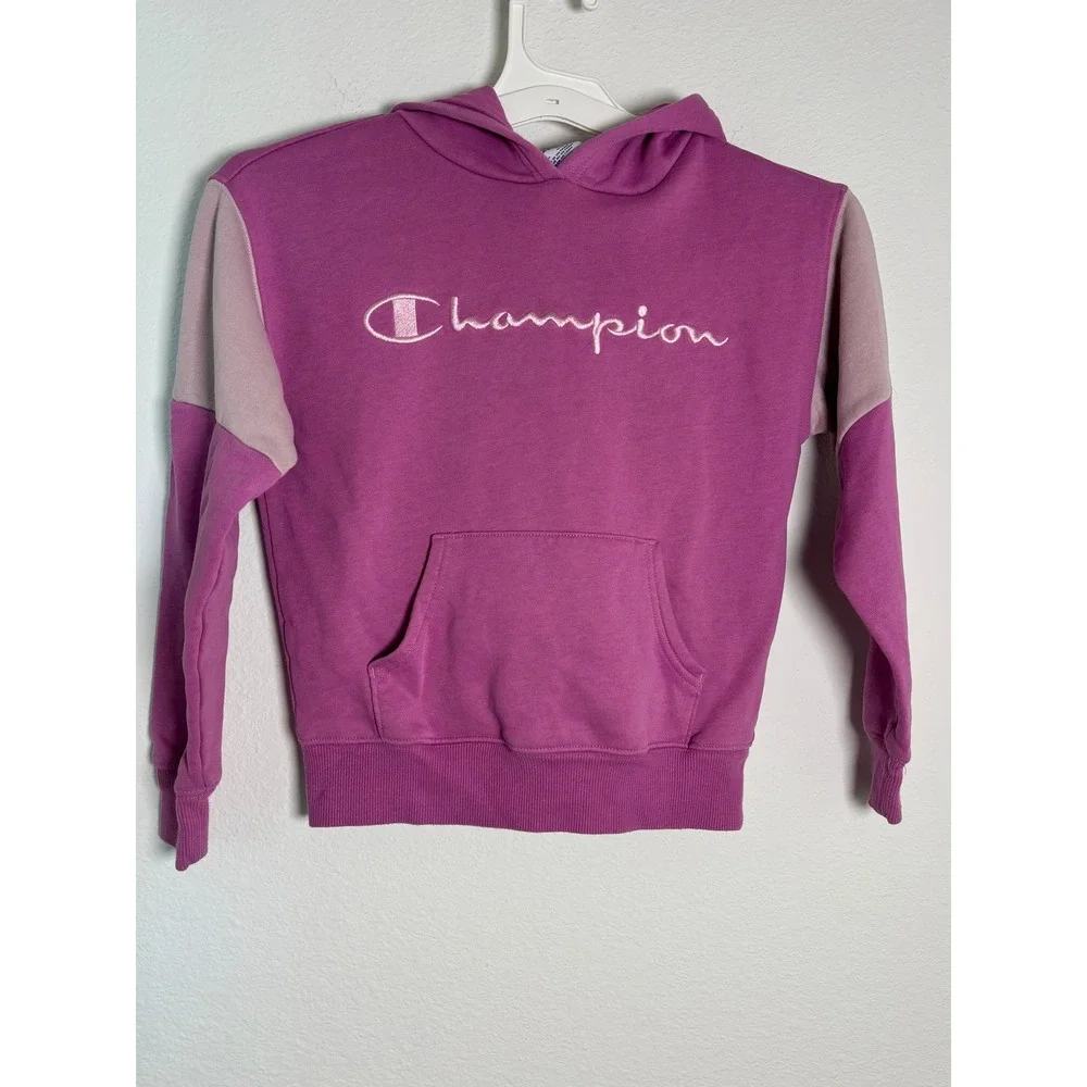 Champion Girls Purple Colorblock Script Logo Fleece Hoodie‎ Sweatshirt Size M 8